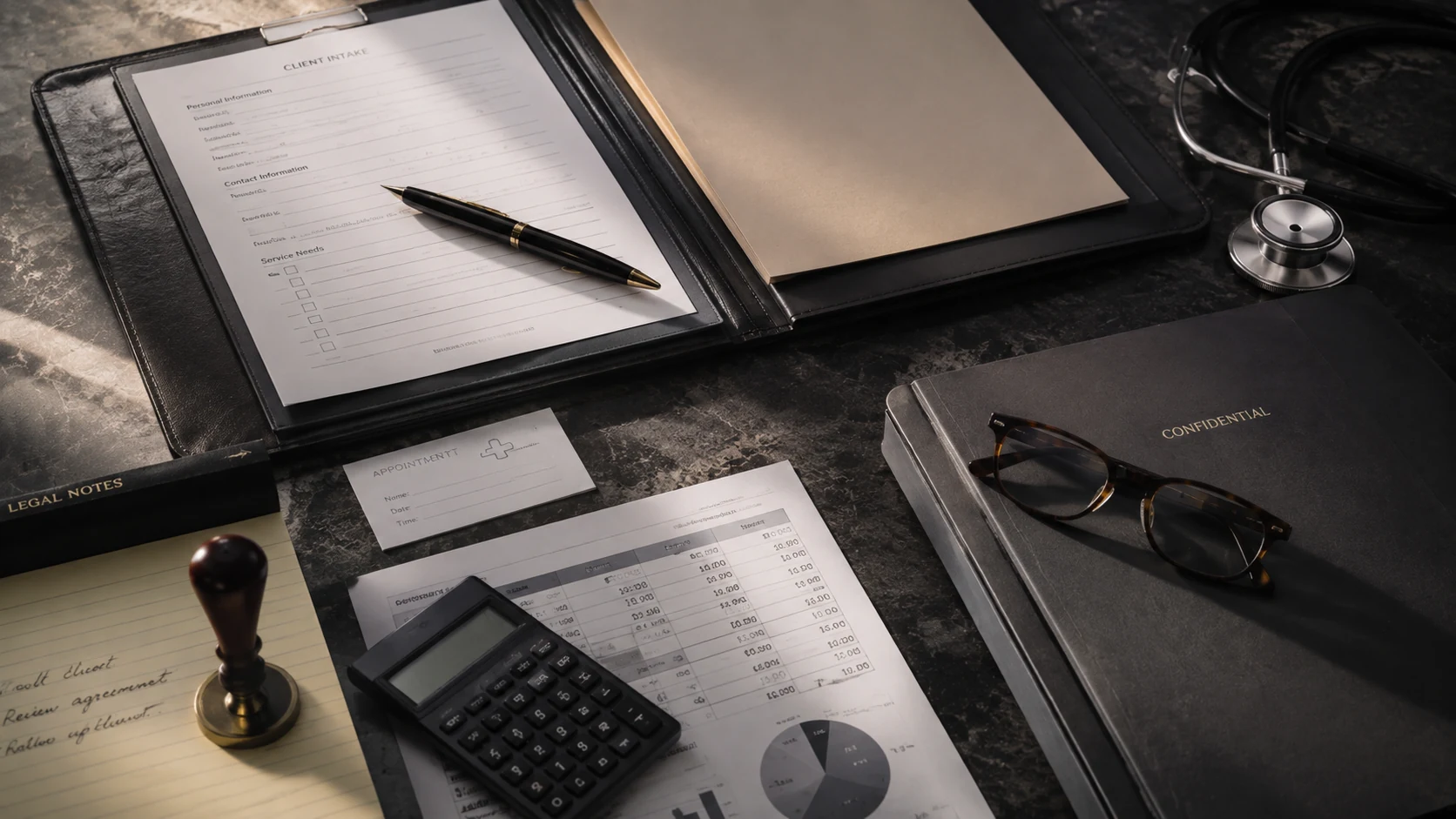 Professional service client intake materials with medical, legal, and financial tools