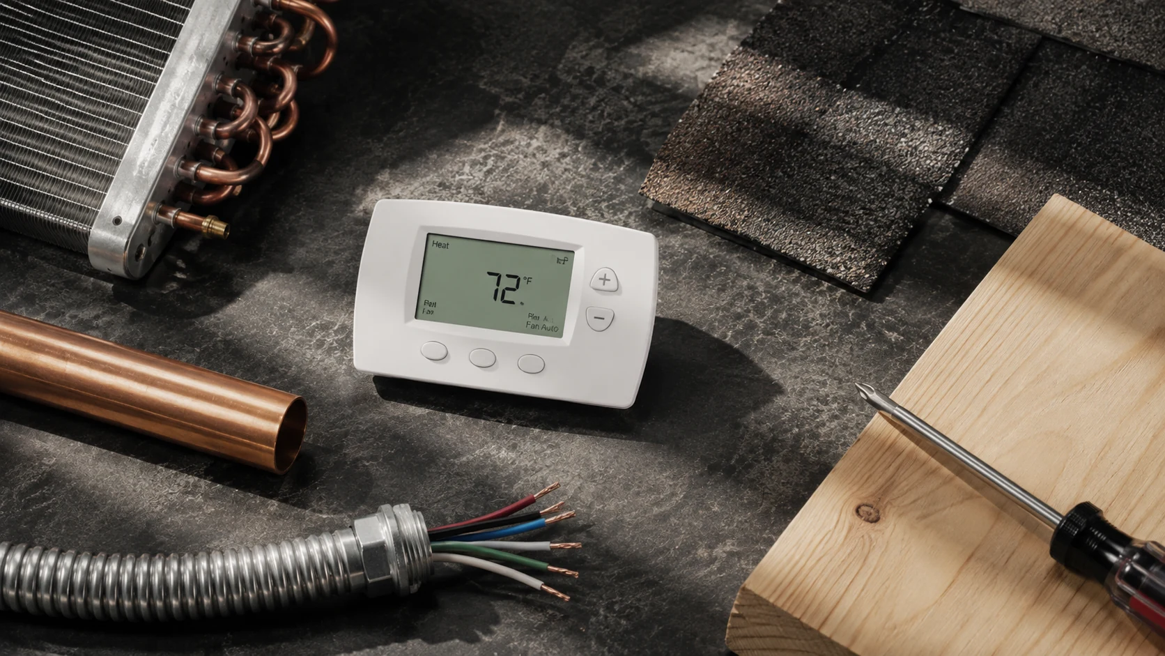 HVAC, plumbing, electrical, and roofing materials arranged around a thermostat