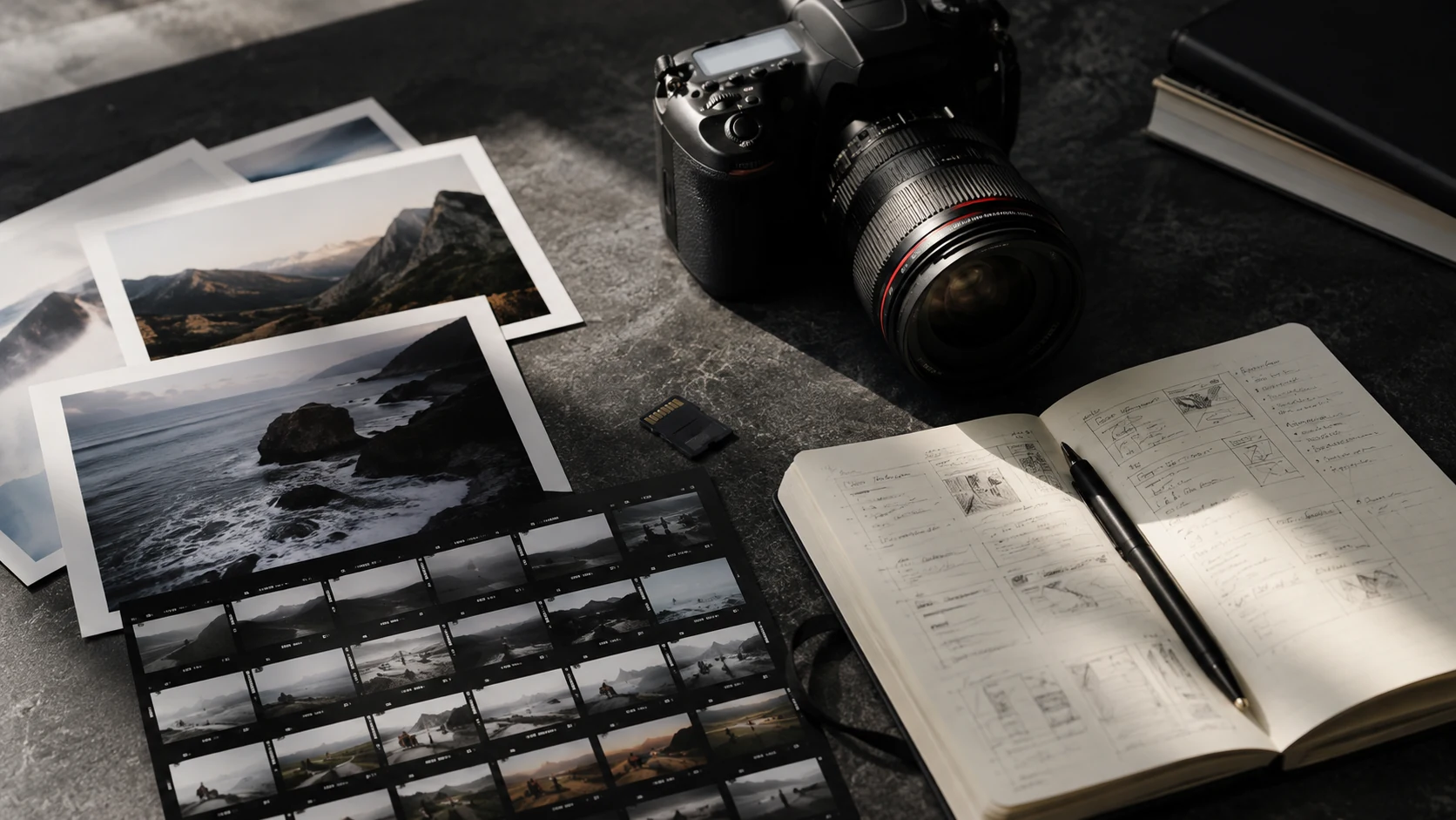 Editorial photography workflow with camera, contact sheets, and creative planning materials